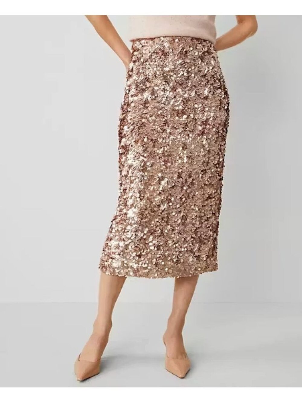 NWT Ann Taylor Rose Gold Studio Collection Sequin Column Midi size 8 skirt $198